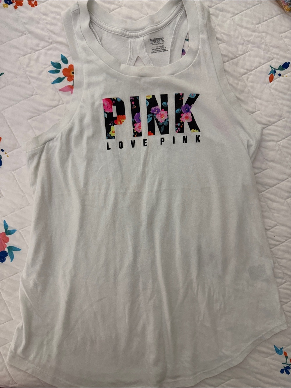 PINK Victoria's Secret White Tank Top with Floral Logo